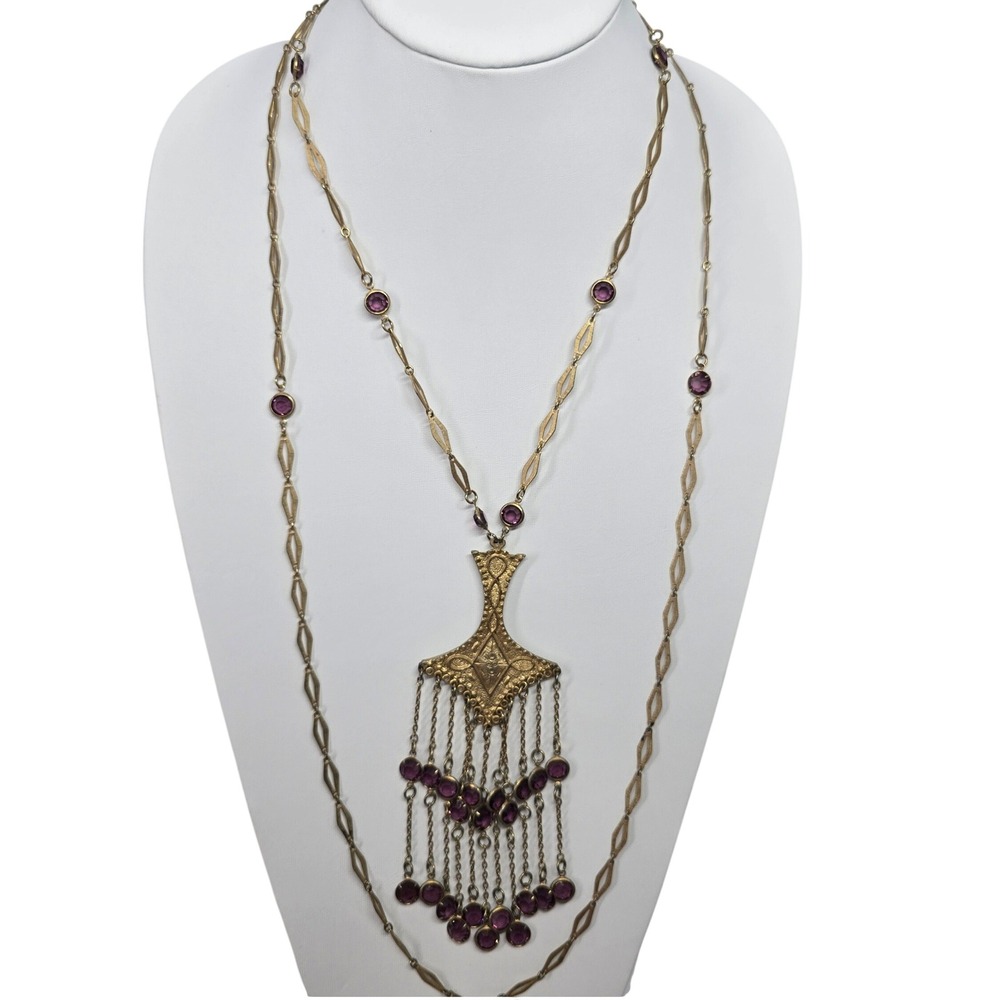 Vintage Goldette Necklace Victorian Revival Purple Chandelier Fringe Station
